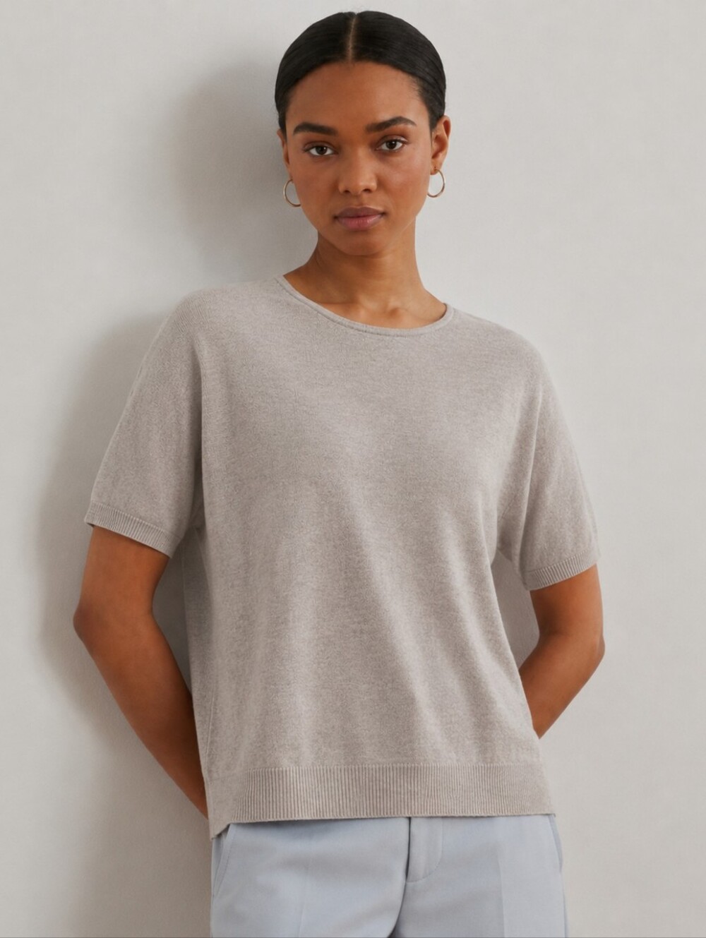 Fashion Classics Petite Short Sleeve Sweater Light Gray Acrylic Knit Size PXL